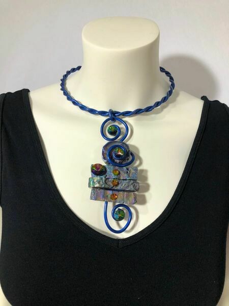 Jeff Lieb Handmade Deep Royal Blue Wire with Semi Precious Stones and Real Swarovski Crystals Necklace