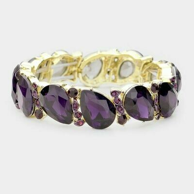 Gold with Purple Teardrop Crystal Stretch Evening Bracelet