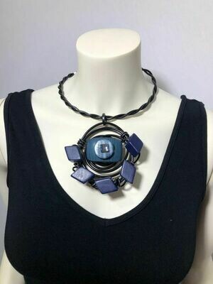 Jeff Lieb Handmade Black Twist Aluminum Wire with Navy Semi Precious Stones and Natural Wood with Square Cut Swarovski Crystal Necklace