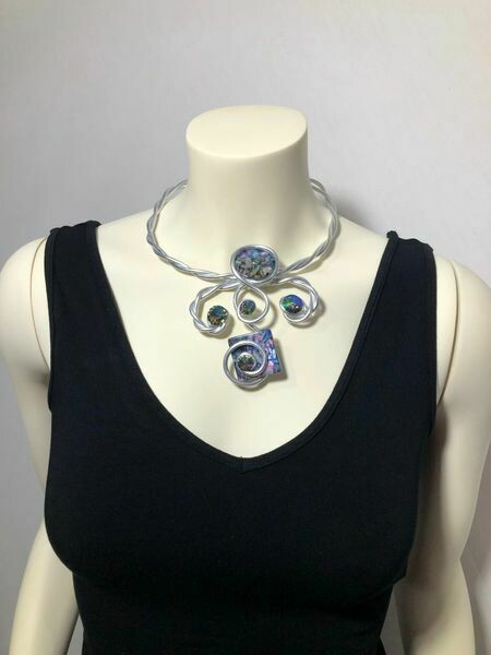 Jeff Lieb Handmade Silver Metal Multi Colored Semi Precious Agate Stone with AB Swarovski Crystal Necklace