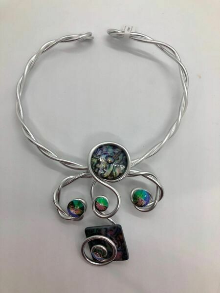 Jeff Lieb Handmade Silver Metal Multi Colored Semi Precious Agate Stone with AB Swarovski Crystal Necklace