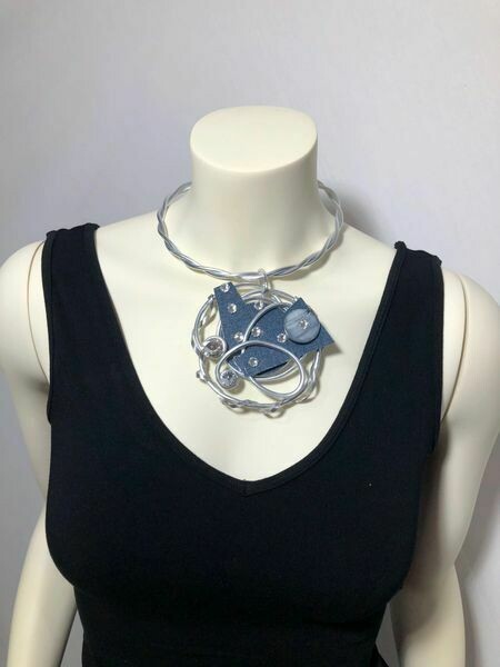 Jeff Lieb Handmade Silver Aluminum with Blue Semi Precious Stone and Clear Swarovski Crystals Necklace