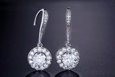 AAA Cubic Zirconia Round Halo Drop Earrings