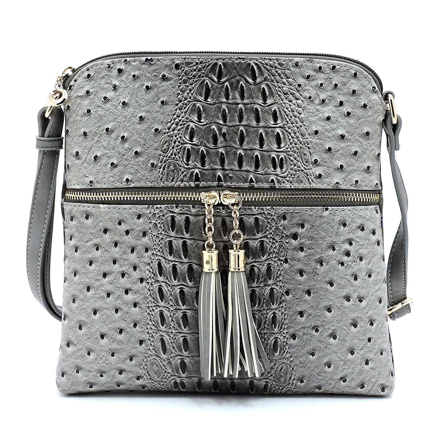 Ostrich Croc Zip Tassel Crossbody Bag