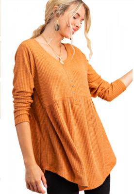 Rust  Jersey Waffle Henley Long Sleeve Peplum Top