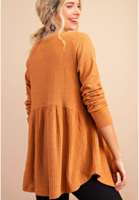 Rust Jersey Waffle Henley Long Sleeve Peplum Top