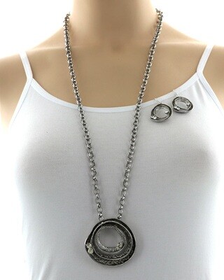 Long Silver Chain Round Pendant Semi Precious Set