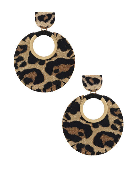 Gold Round Leopard Faux Leather Earring