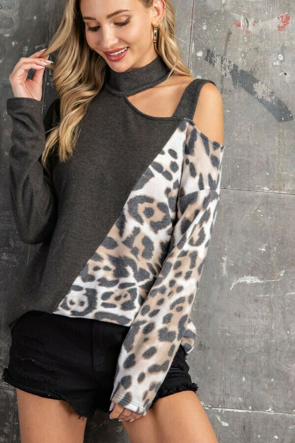 Solid/Animal Print Mock Strappy Casual Top