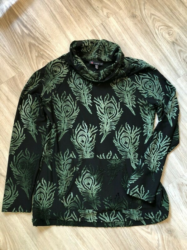 Black Cowl Neck Emerald Green Raised Print Top