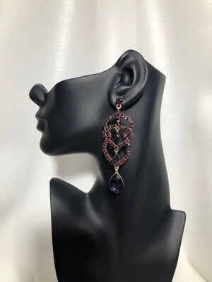 Gold and Purple Crystal Rhinestone Teardrop Dangle Earrings