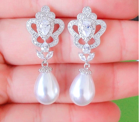 Vintage Pave Pear Top Pearl Drop Earring, COLOR: SLV