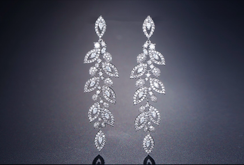 Pave Cubic Zirconia Leaf Drop Formal Earring