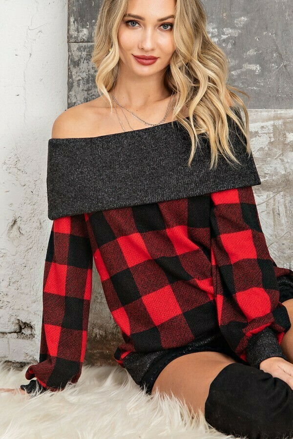Cozy Off The Shoulder Buffalo Plaid Sweater
