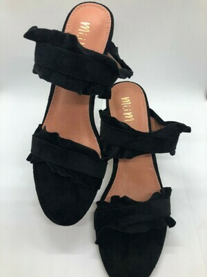 Black Leather Ruffle Block Heel Shoe