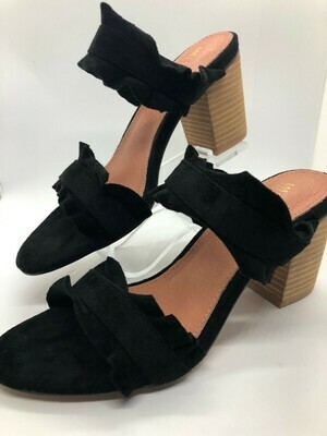 Black Leather Ruffle Block Heel Shoe