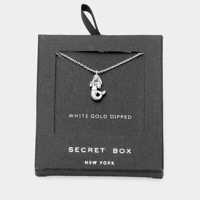 White Gold Dipped Metal Mermaid Pendant Necklace