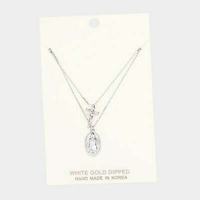 White Gold Dipped Layered St.Mary Cross Jesus Pendant Necklace