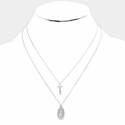 White Gold Dipped Layered St.Mary Cross Jesus Pendant Necklace