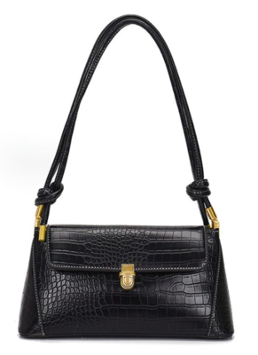Black  Faux Croc Gold Hardware Shoulder Bag 