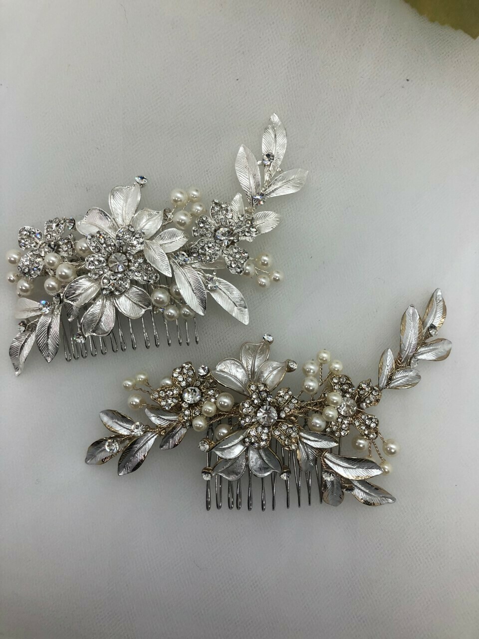 Brushed Leaves Crystal Pearl Hair Comb