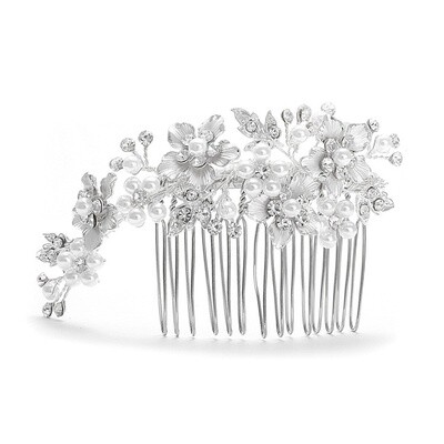 Swarovski Crystal Brushed Silver and White Pearl Hair Comb