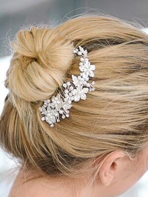 Swarovski Crystal Brushed Silver and White Pearl Hair Comb