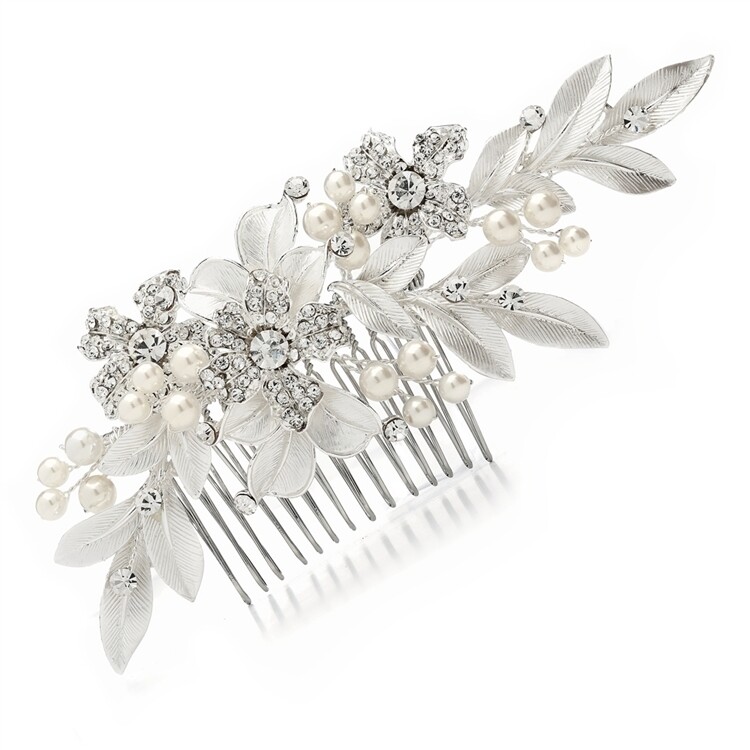 Brushed Leaves Crystal Pearl Hair Comb, COLOR: SLV
