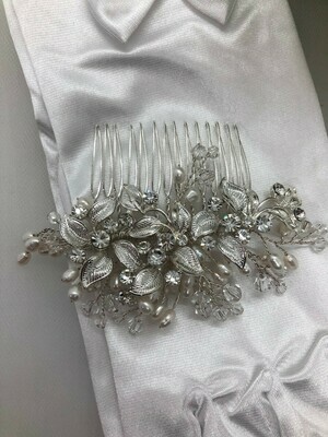 Silver Leaf Crystal Freshwater Pearl Hair Comb