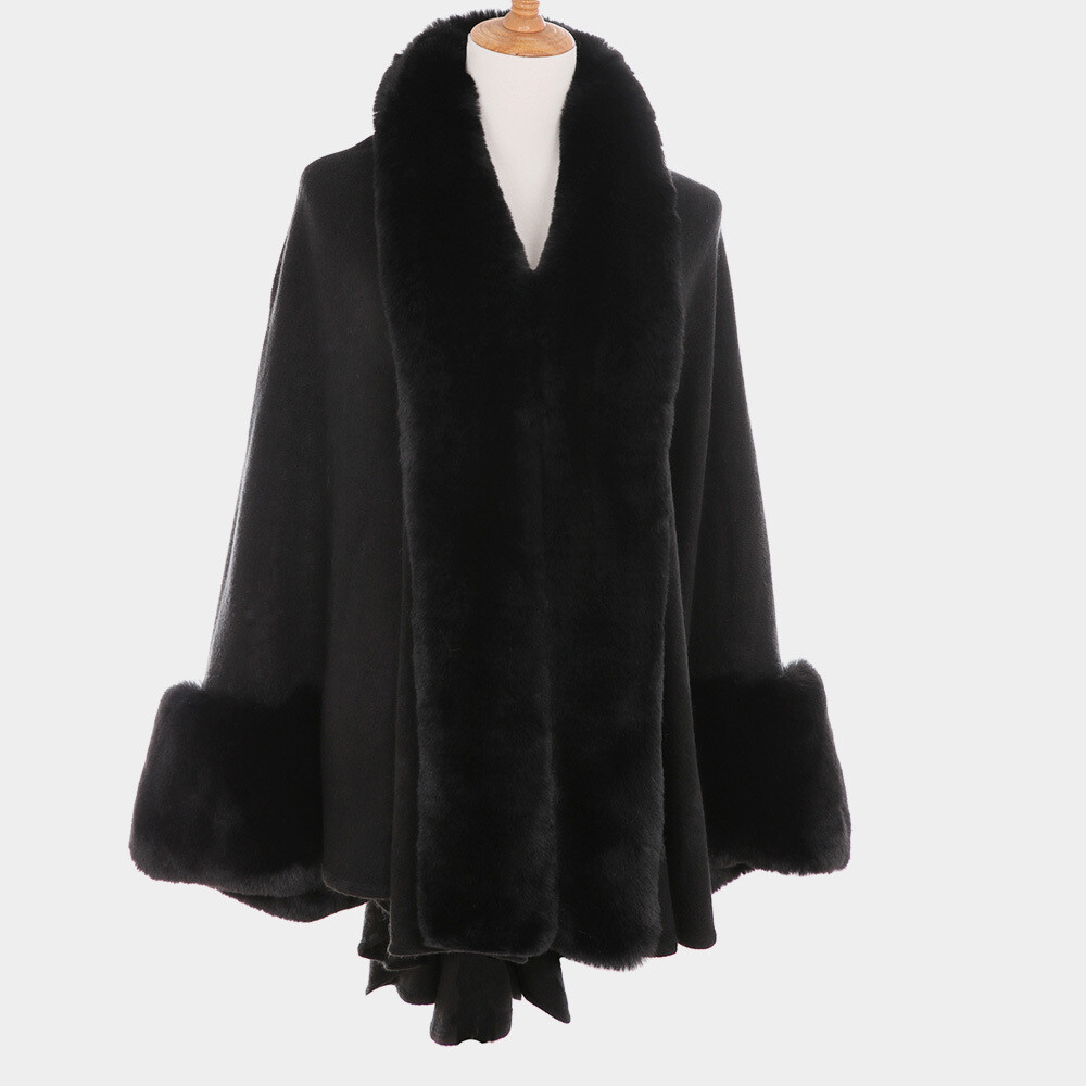 S6110 Faux Fur-Trim Cape Poncho