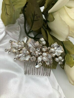 Brushed Leaf Freshwater Pearl Crystal Hair Comb