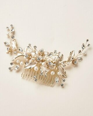 Floral Pearl Leaf Crystal Backpiece Hair Comb