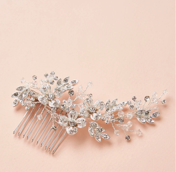 Open Floral Crystal Hair Comb, COLOR: SLV