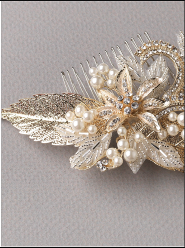 Gold Leaf Crystal Pearl Hair Comb
