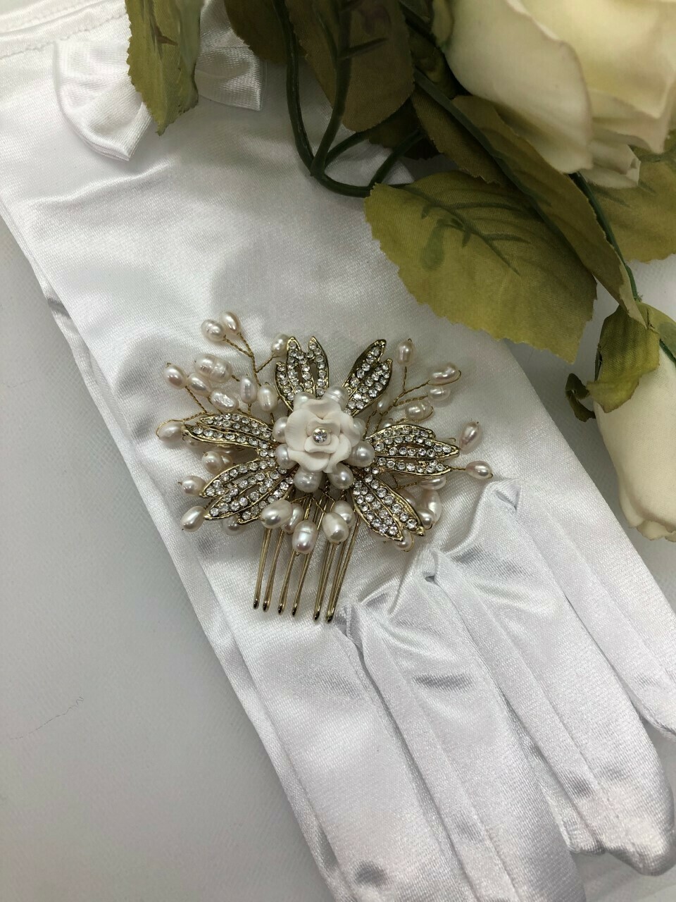 Real Pearl Floral Gold Hair Comb