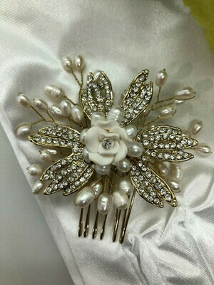 Real Pearl Floral Gold Hair Comb