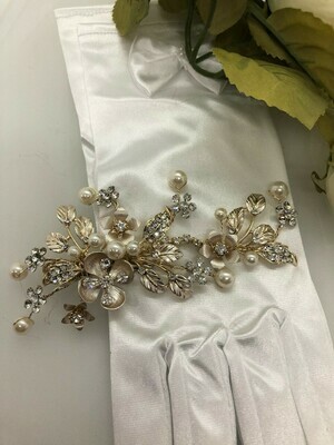 Gold Crystal Pearl Brushed Flower Hair Clip