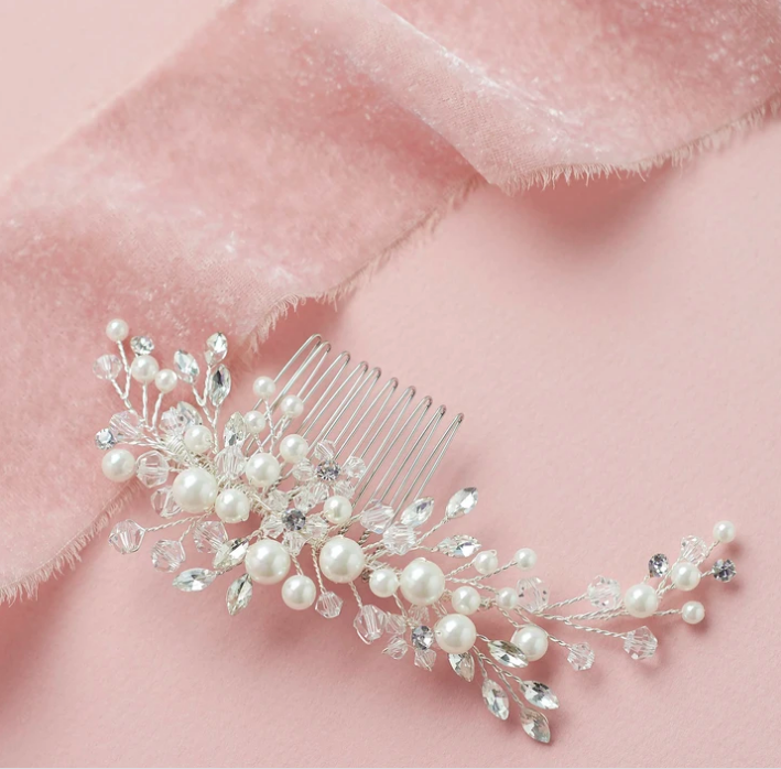Clear Crystal Floral Pearl Hair Comb, COLOR: Silver