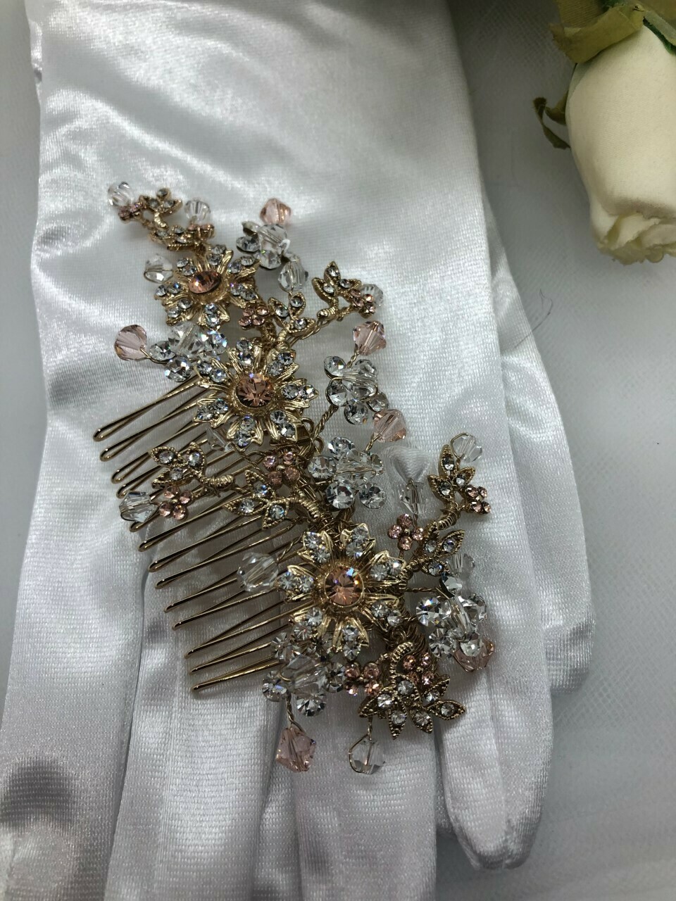 Gold Hair Comb Clear &amp; Rose Gold Crystals