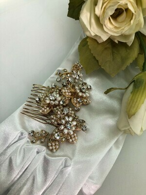 Vintage 3D Gold &amp; Real Pearl Swarovski Crystal Hair Comb