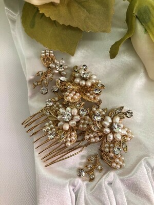 Vintage 3D Gold &amp; Real Pearl Swarovski Crystal Hair Comb