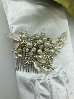 Brushed Leaves/Pearl Gold Floral Hair Comb