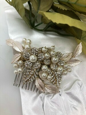 Brushed Leaves/Pearl Gold Floral Hair Comb
