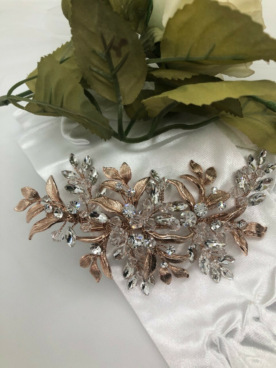 Rose Gold Crystal & Leaf Hair Clip