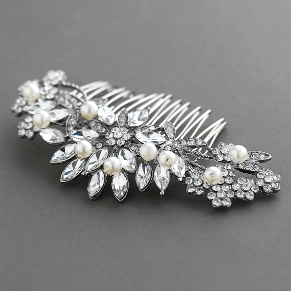 Crystal Pearl Floral Burst Hair Comb, COLOR: Silver