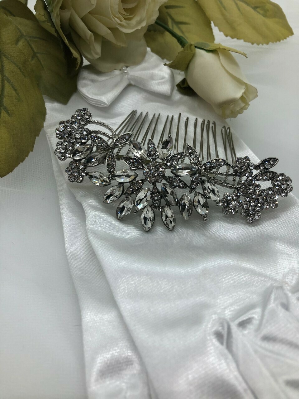 Crystal Marquis Flower Burst Silver Hair Comb