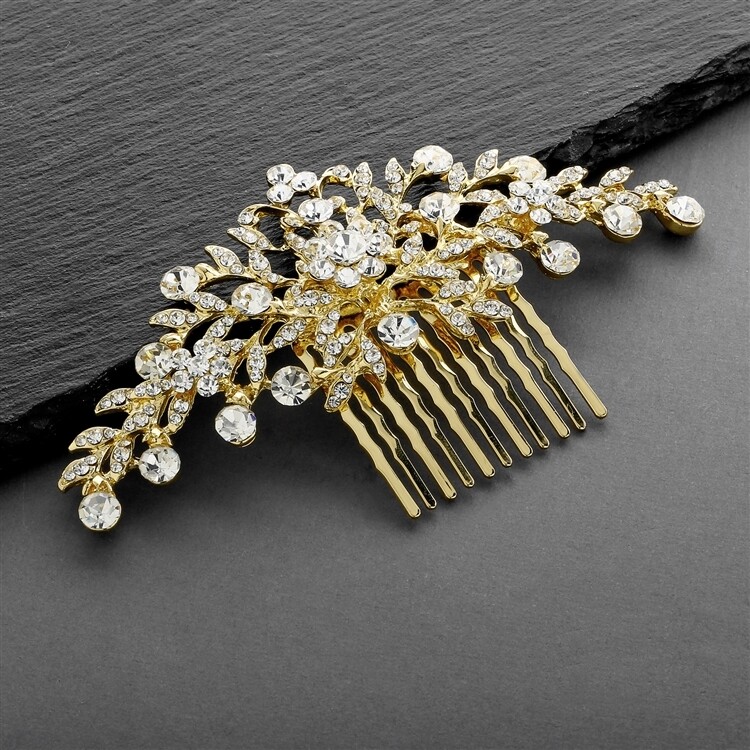 Shimmering Crystal Leaf Floral Hair Comb, COLOR: Gold