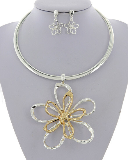 Flower Metal Pendant Necklace & Earring Set