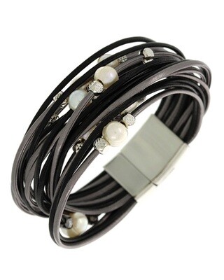 Black Tone Graduating / Multi Row Leatherette Band Bracelet
