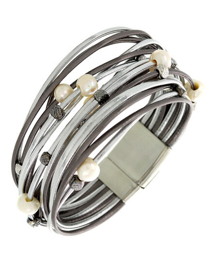Grey Tone Graduating / Multi Row Leatherette Band Bracelet